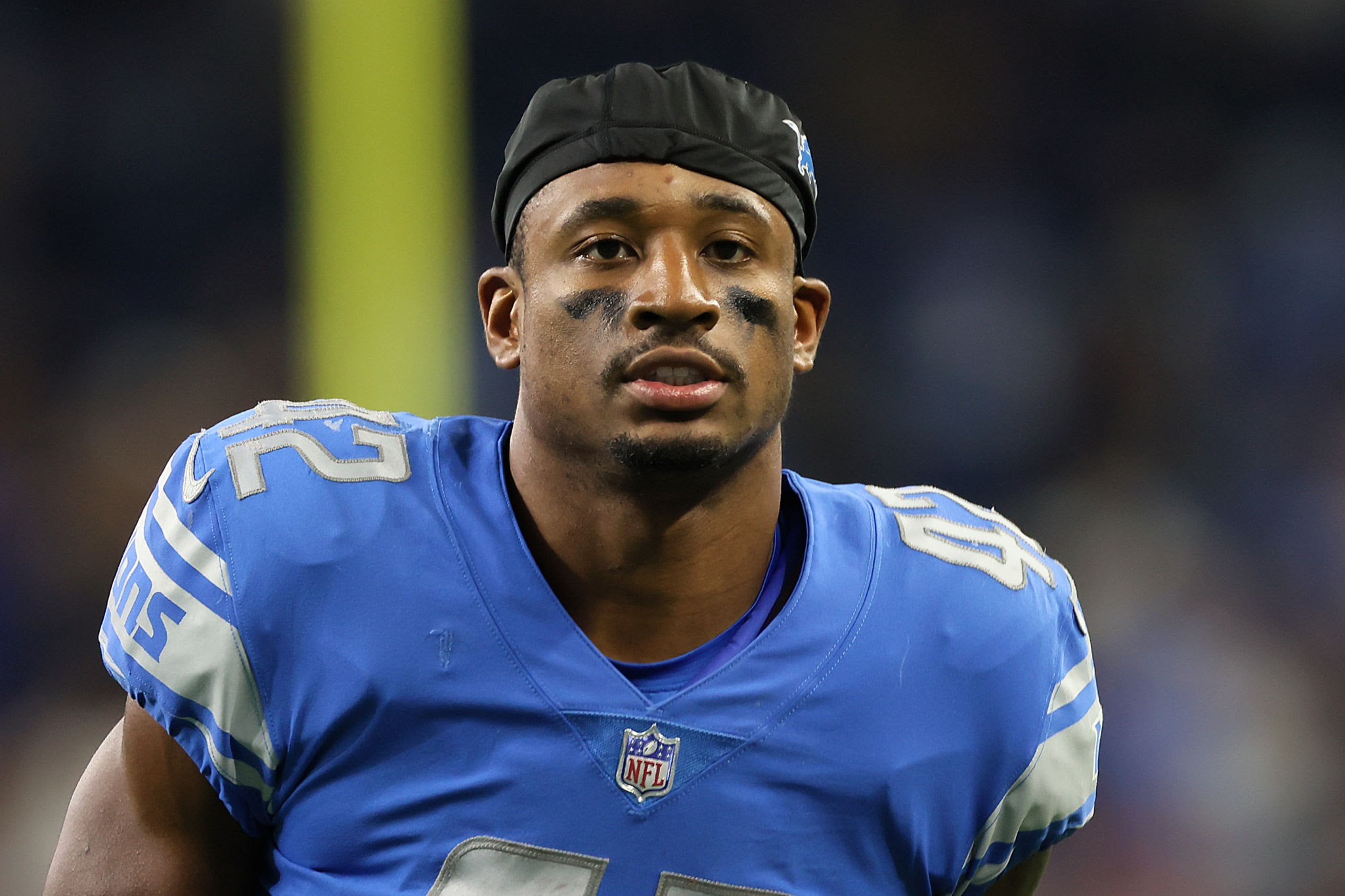 Justin Jackson, running back for the Detroit Lions, in a close-up shot during an NFL game