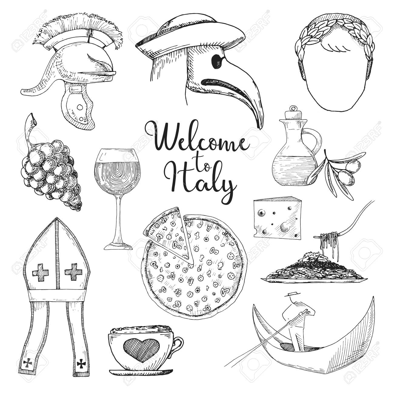 Set Of Elements Of Italian Culture Welcome To Italy Vector