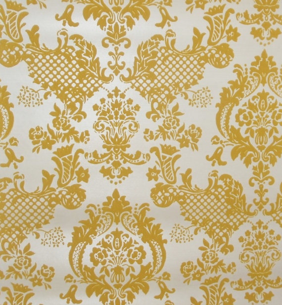 1960s 1970s Vintage Flocked Wallpaper Gold Yellow Damask By The Foot