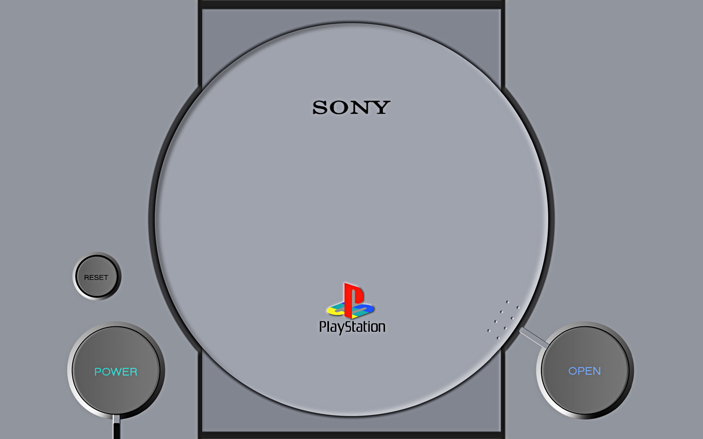 Close-up of a classic gray PlayStation console, showcasing the iconic power and open buttons, the PlayStation logo, and the Sony branding. Perfect for PlayStation enthusiasts