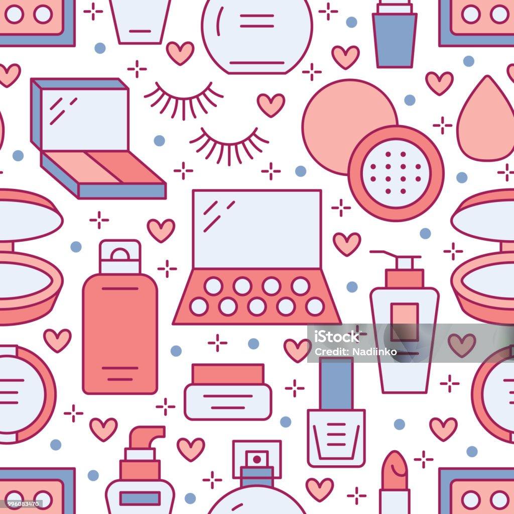 Makeup Beauty Care Red Seamless Pattern With Flat Line Icons