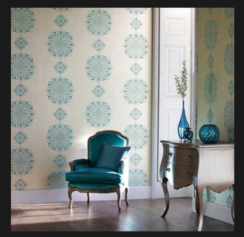 Turquoise Silver Gold Moroccan Damask Designer Wallpaper 10m Roll