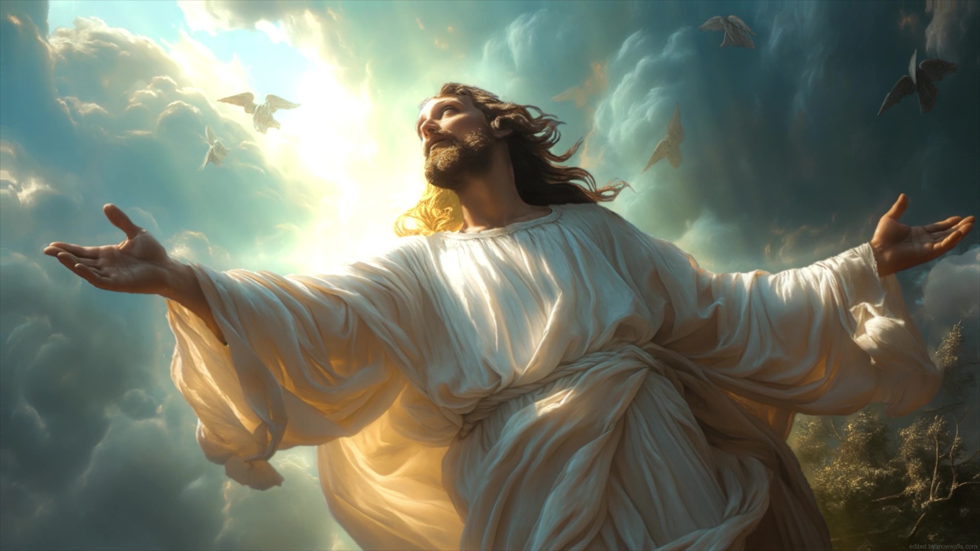 Jesus Christ with open arms, ascending to heaven, surrounded by doves and clouds, in a digital painting