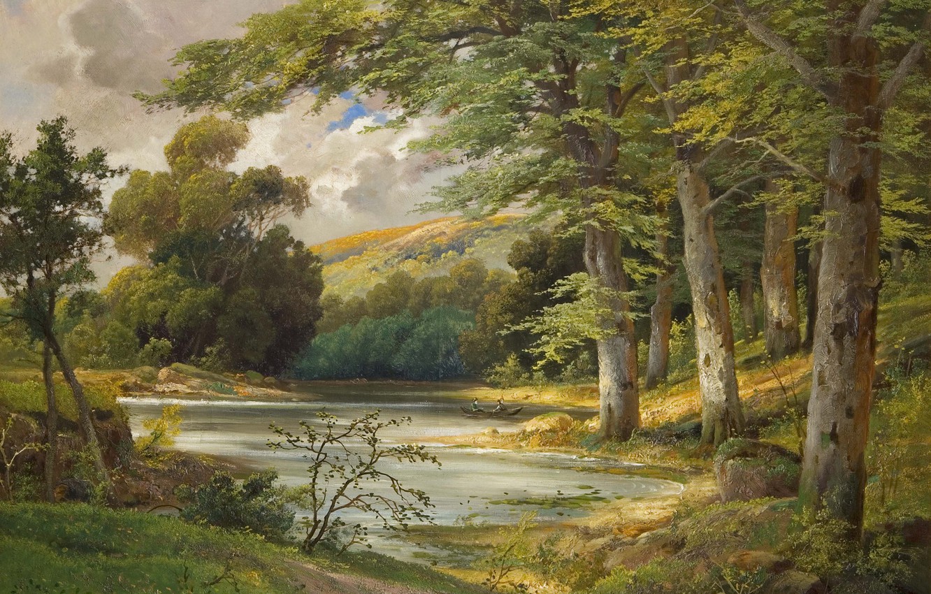 Wallpaper Forest Landscape Lake Boat Painting Alois Arnegger