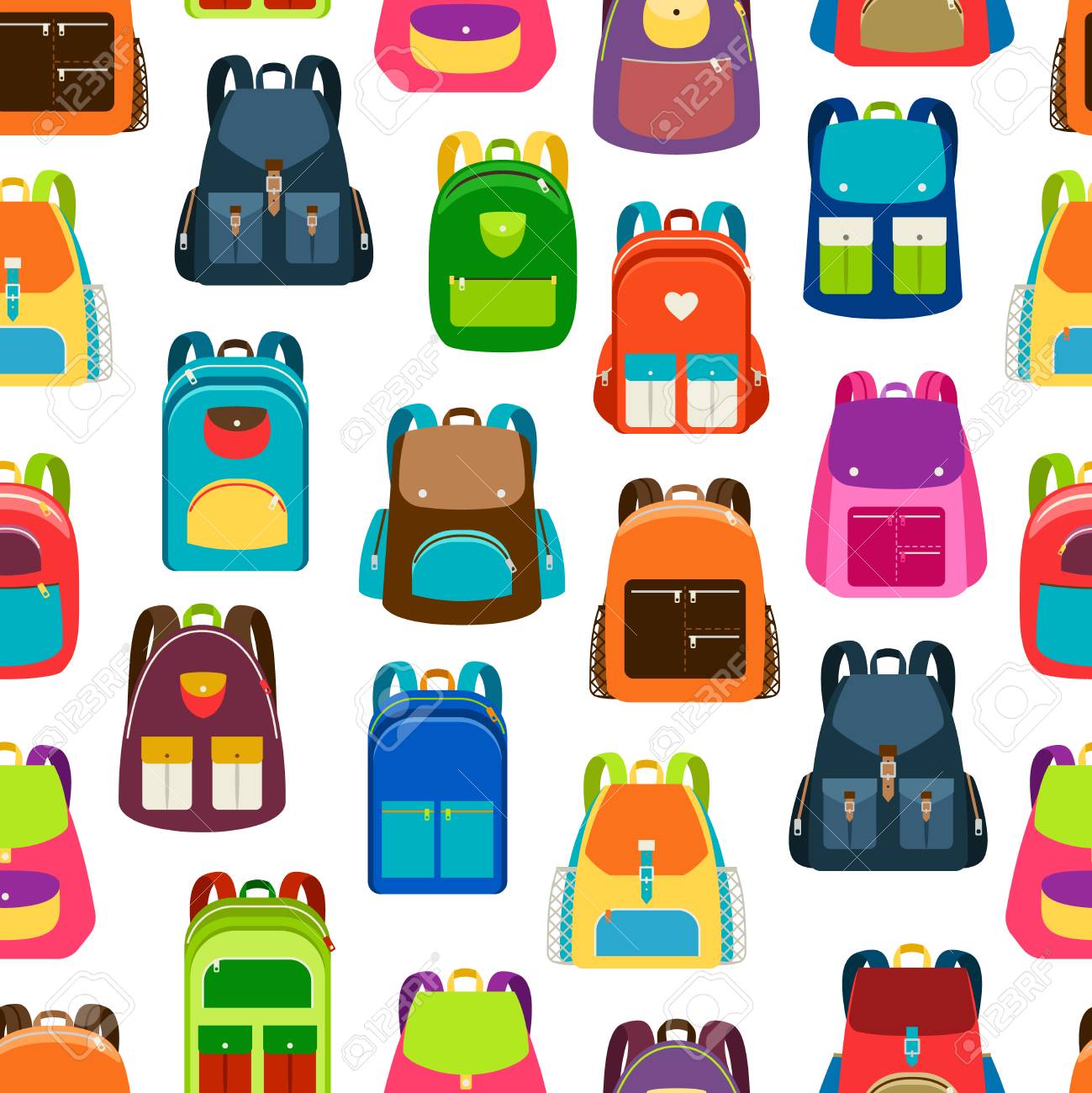 School Cartoon Pattern With Flat Colorful Backpacks And Rucksacks