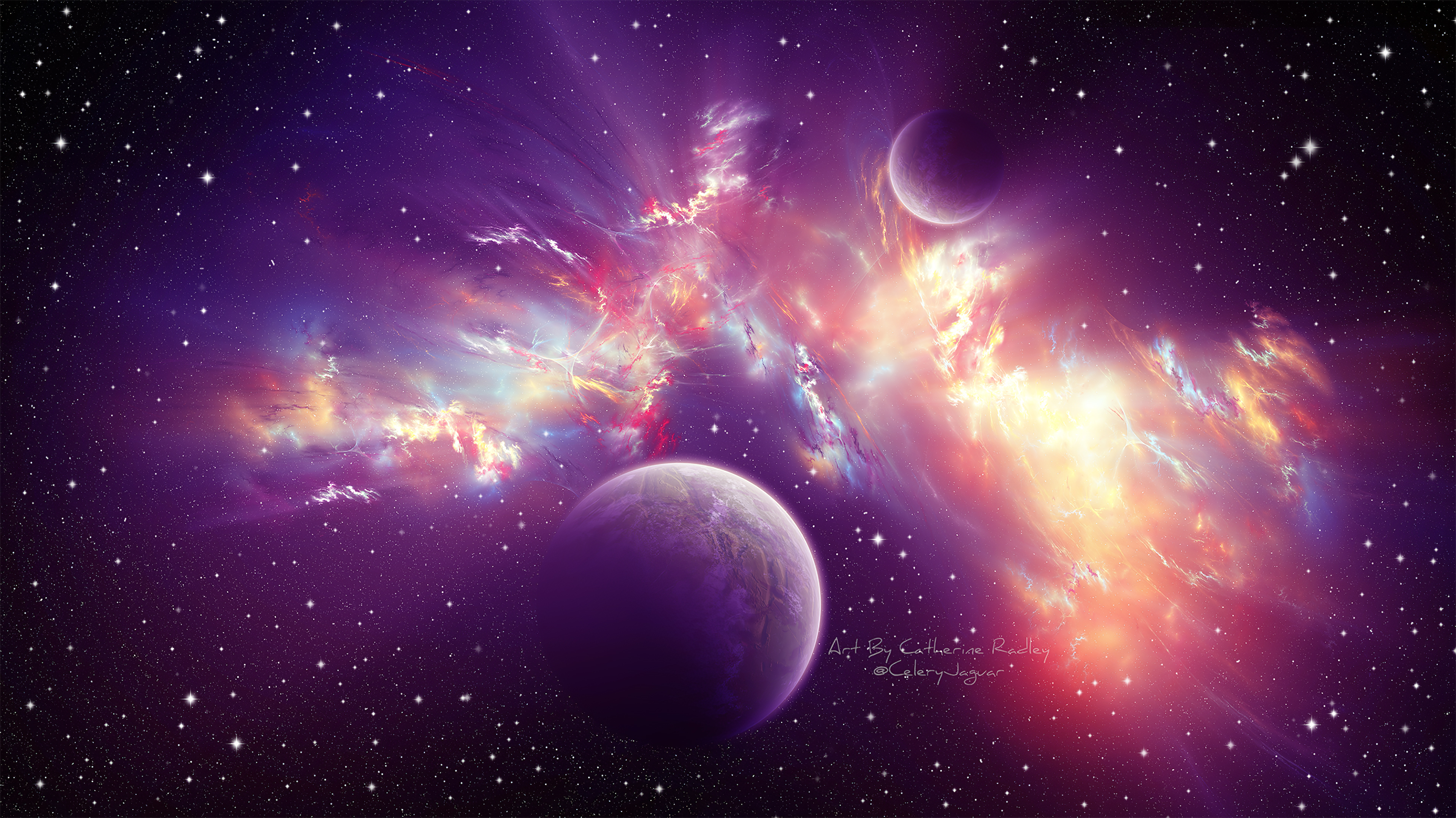 Vivid purple and orange nebula with two planets in the foreground, perfect for a space 4k wallpaper