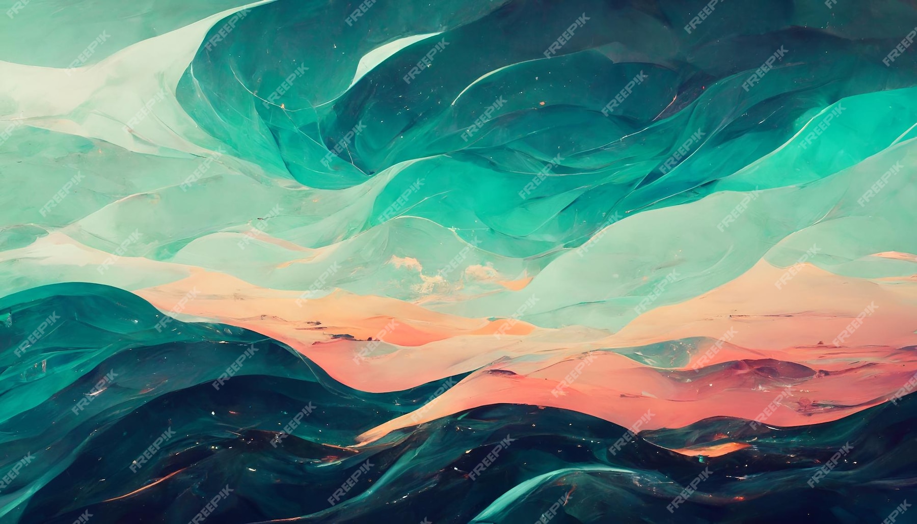 Abstract background with flowing, wavy shapes in teal, green, and coral hues, creating a dynamic and artistic scene