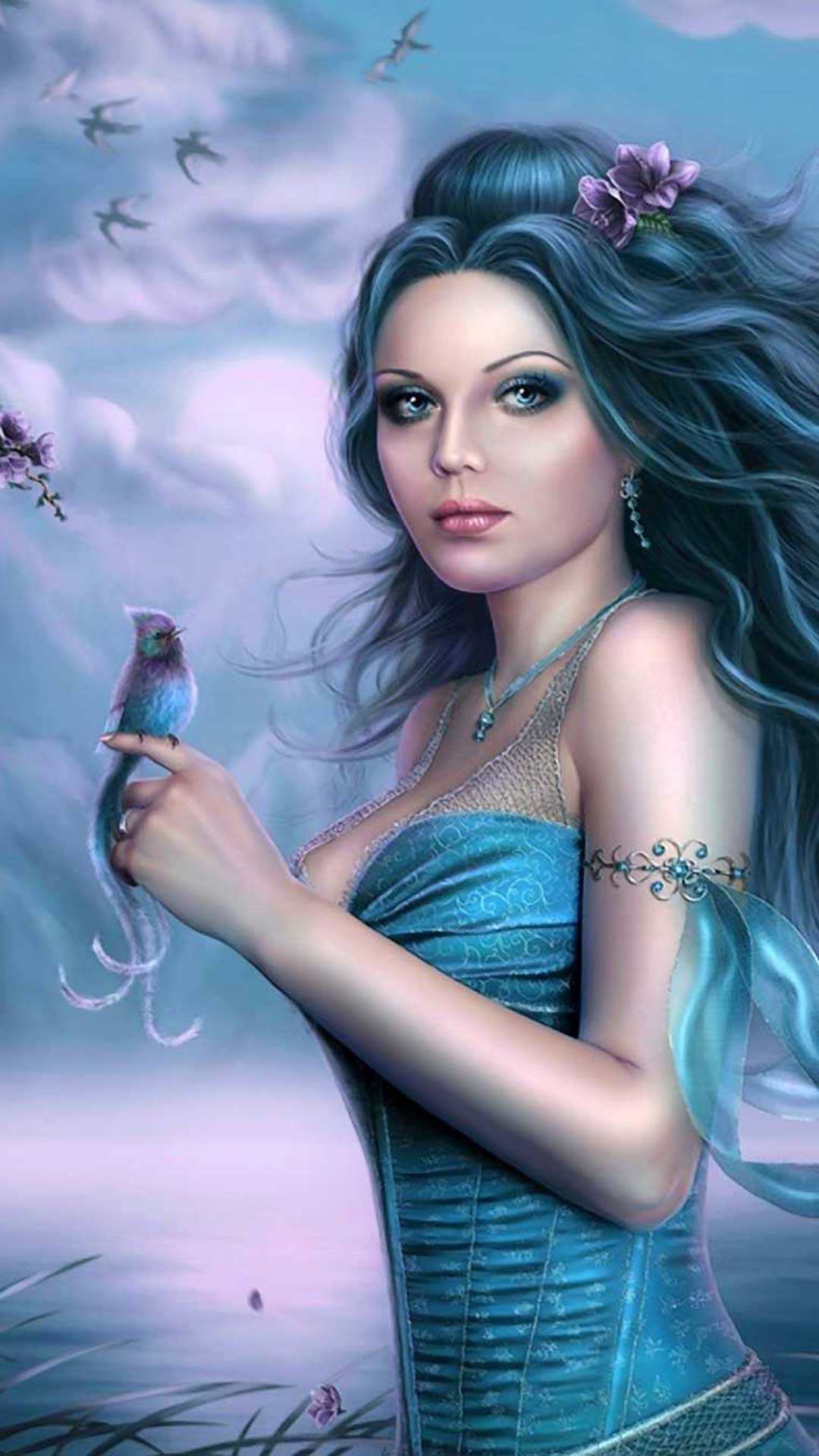 A fantasy girl with flowing blue hair, holding a small blue bird, in a dreamy landscape