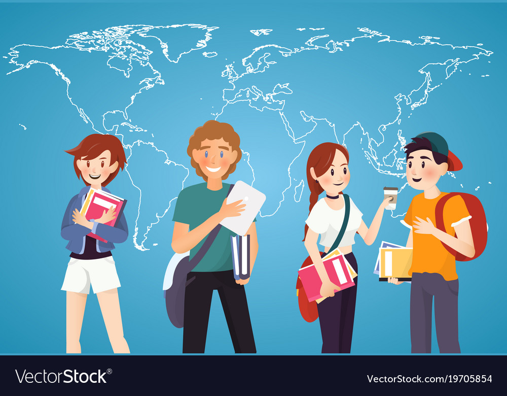 Set Of Students With Books On World Map Background