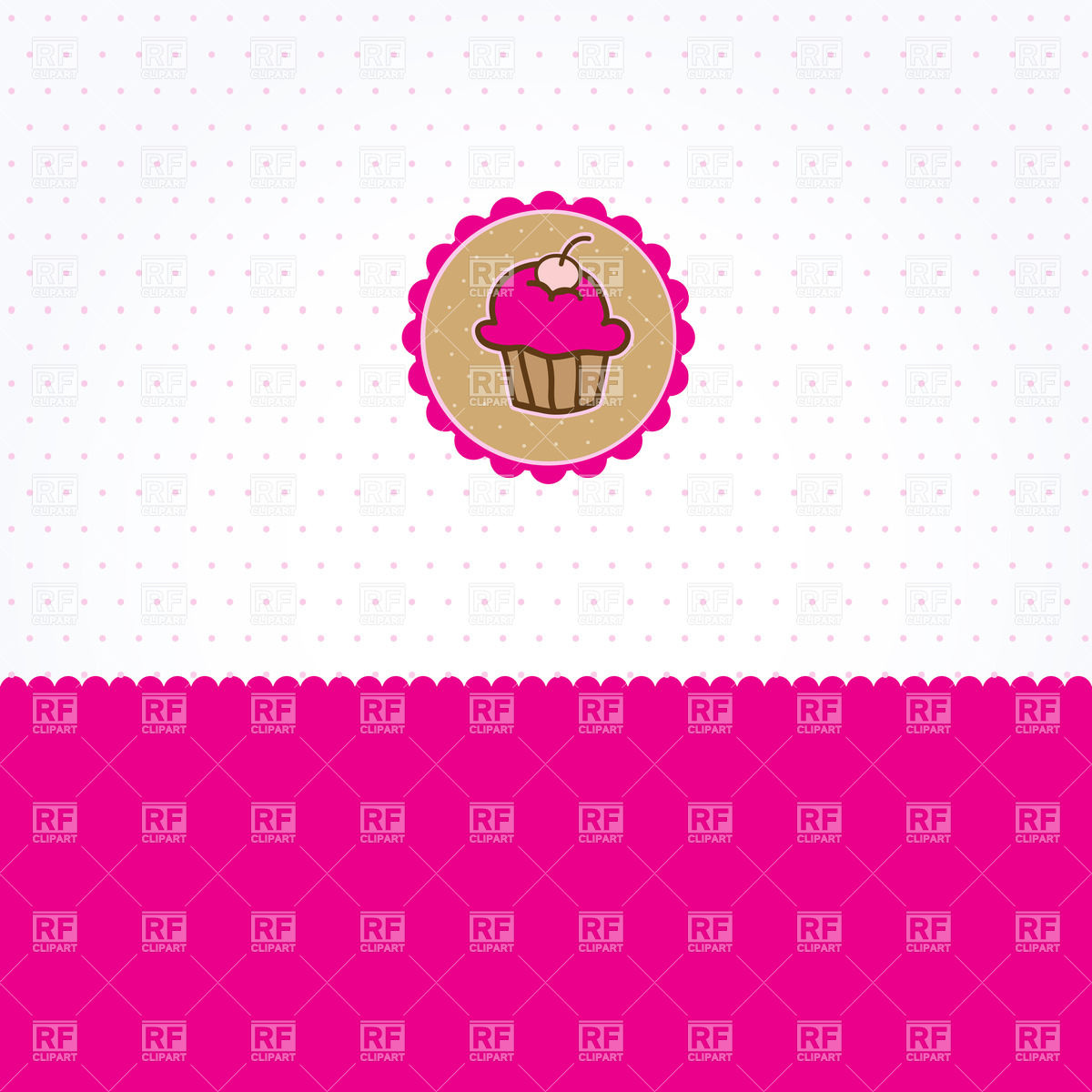 Small Pink Cupcake Over Polka Dot Background And Place For