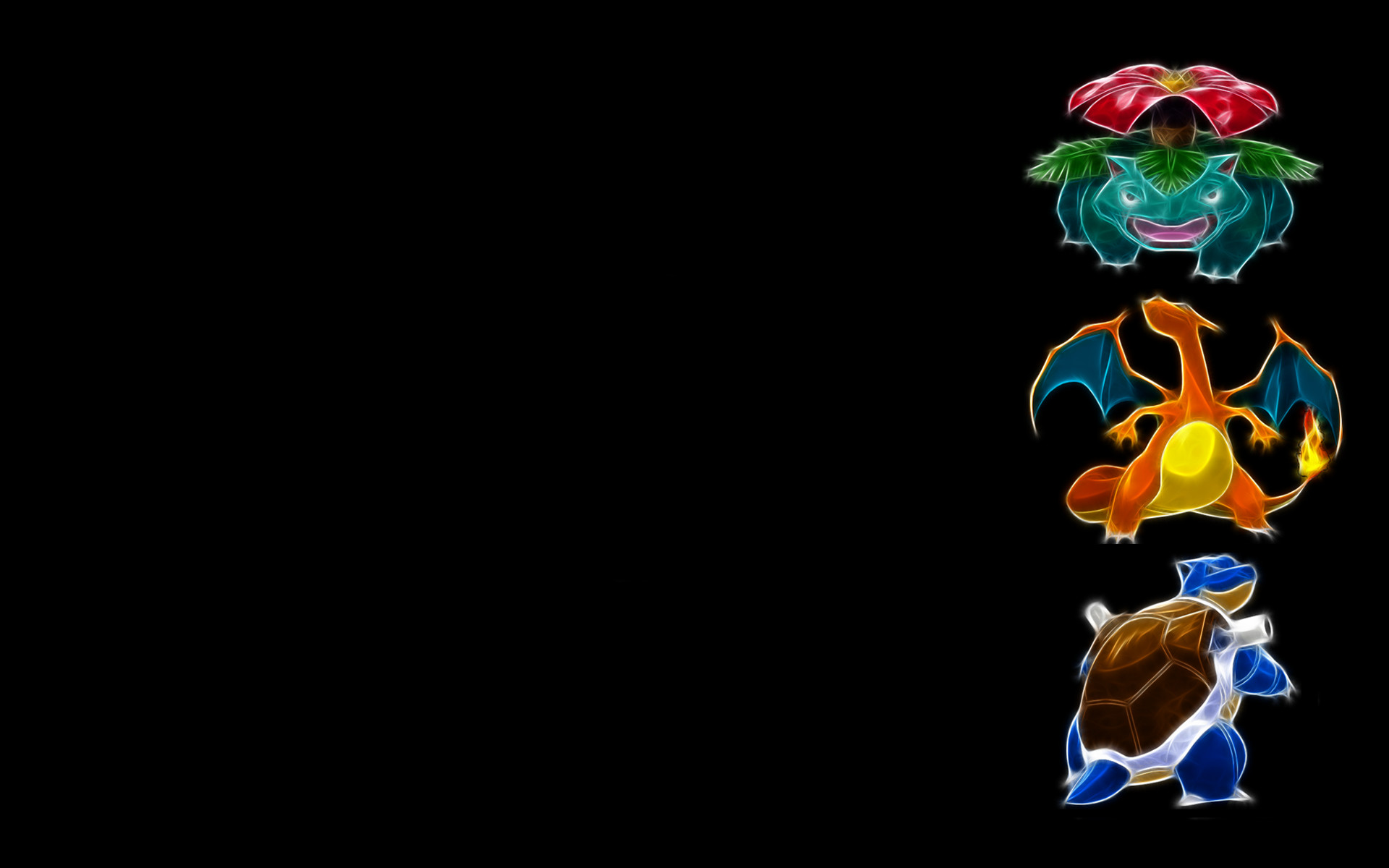 Neon-style Pokemon: Venusaur, Charizard, and Blastoise on a Black Background