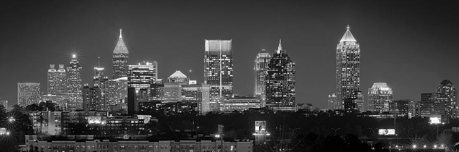 Atlanta Skyline At Night Downtown Midtown Black And White Bw Panorama