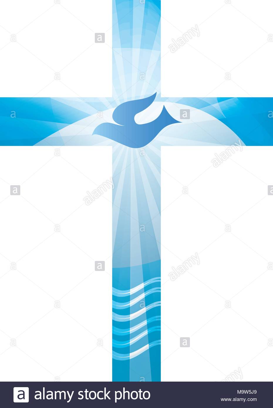 Christian Cross Baptism With Waves Of Water And Dove On Blue