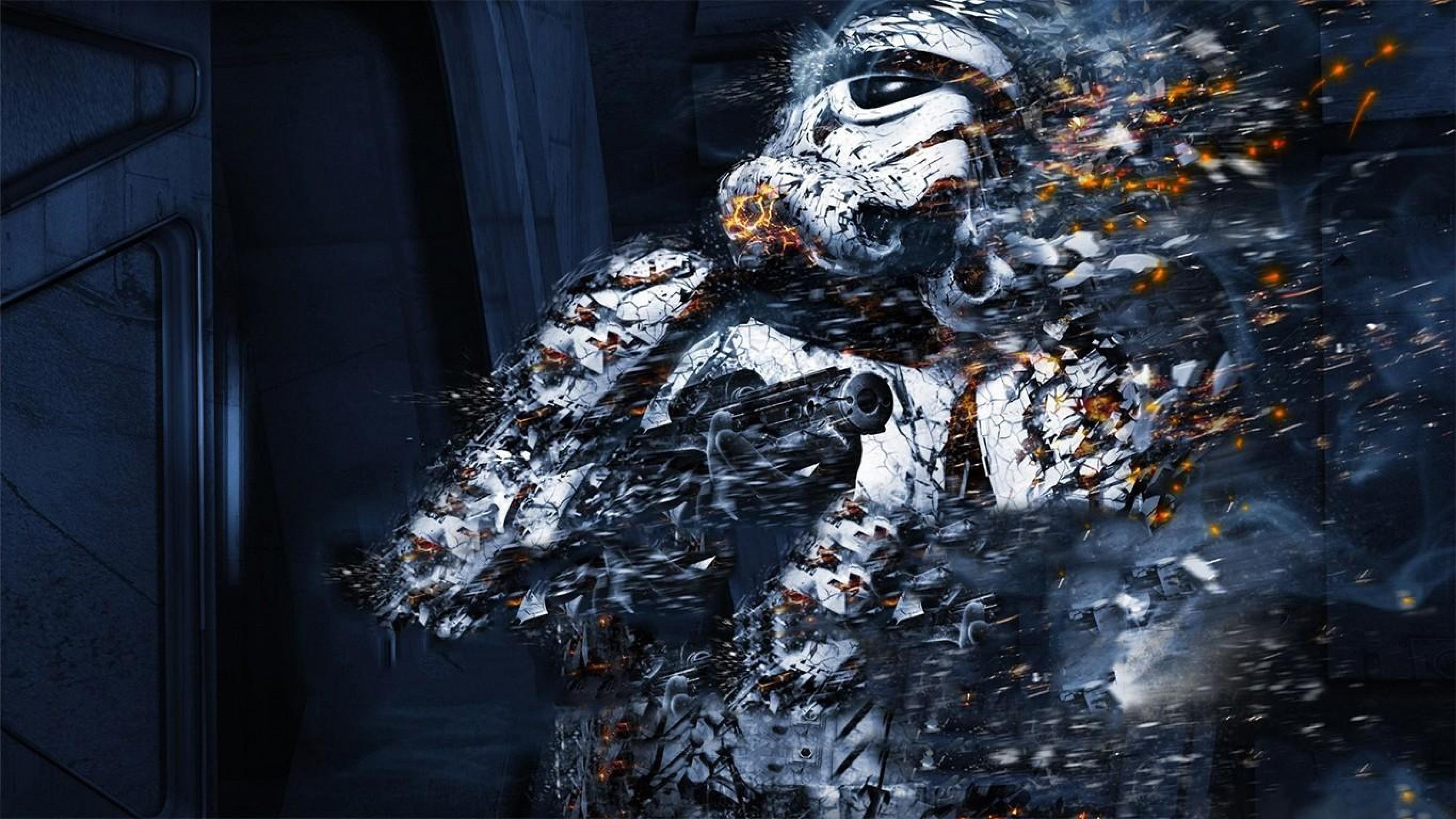A crumbling stormtrooper in a dynamic action scene from Star Wars, surrounded by fire and debris