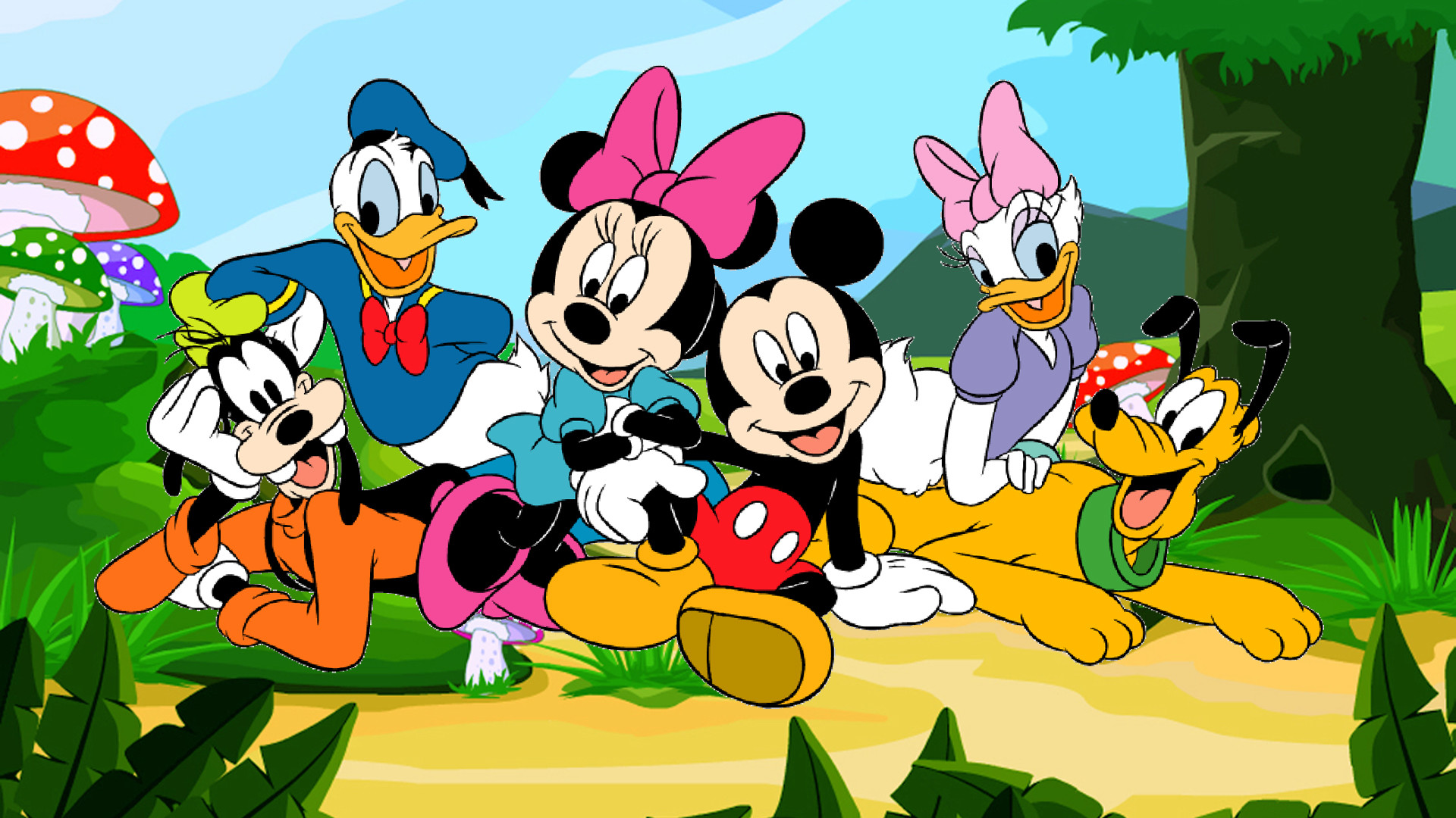 Group of Disney characters including Mickey Mouse, Minnie Mouse, Donald Duck, Daisy Duck, Goofy and Pluto, sitting together in a cheerful outdoor scene