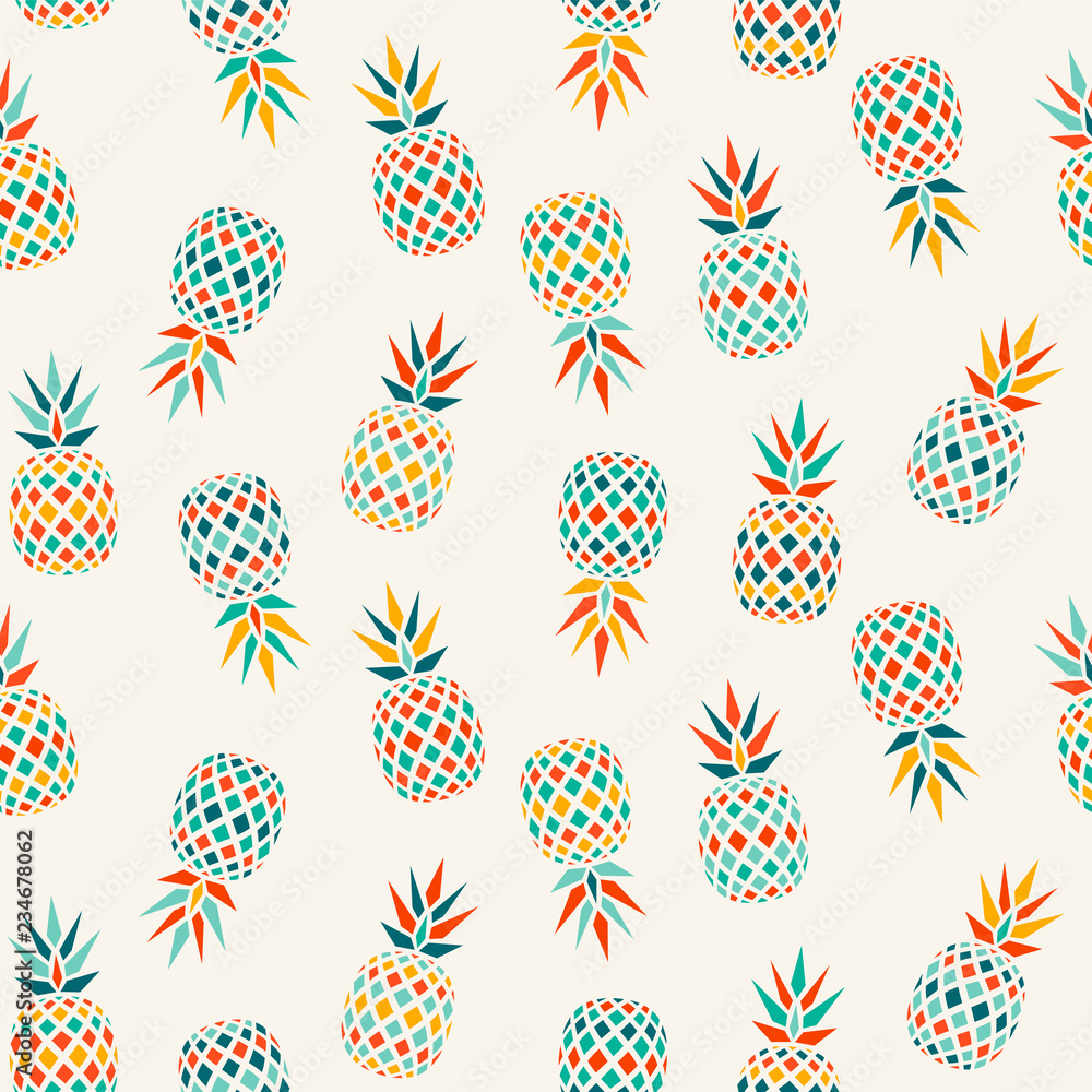 Colorful juicy pineapple pattern in bright colors on light