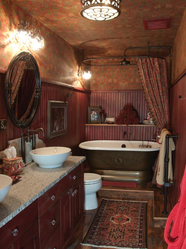 Red Bathroom With Wallpaper Beadboard Standing Tub