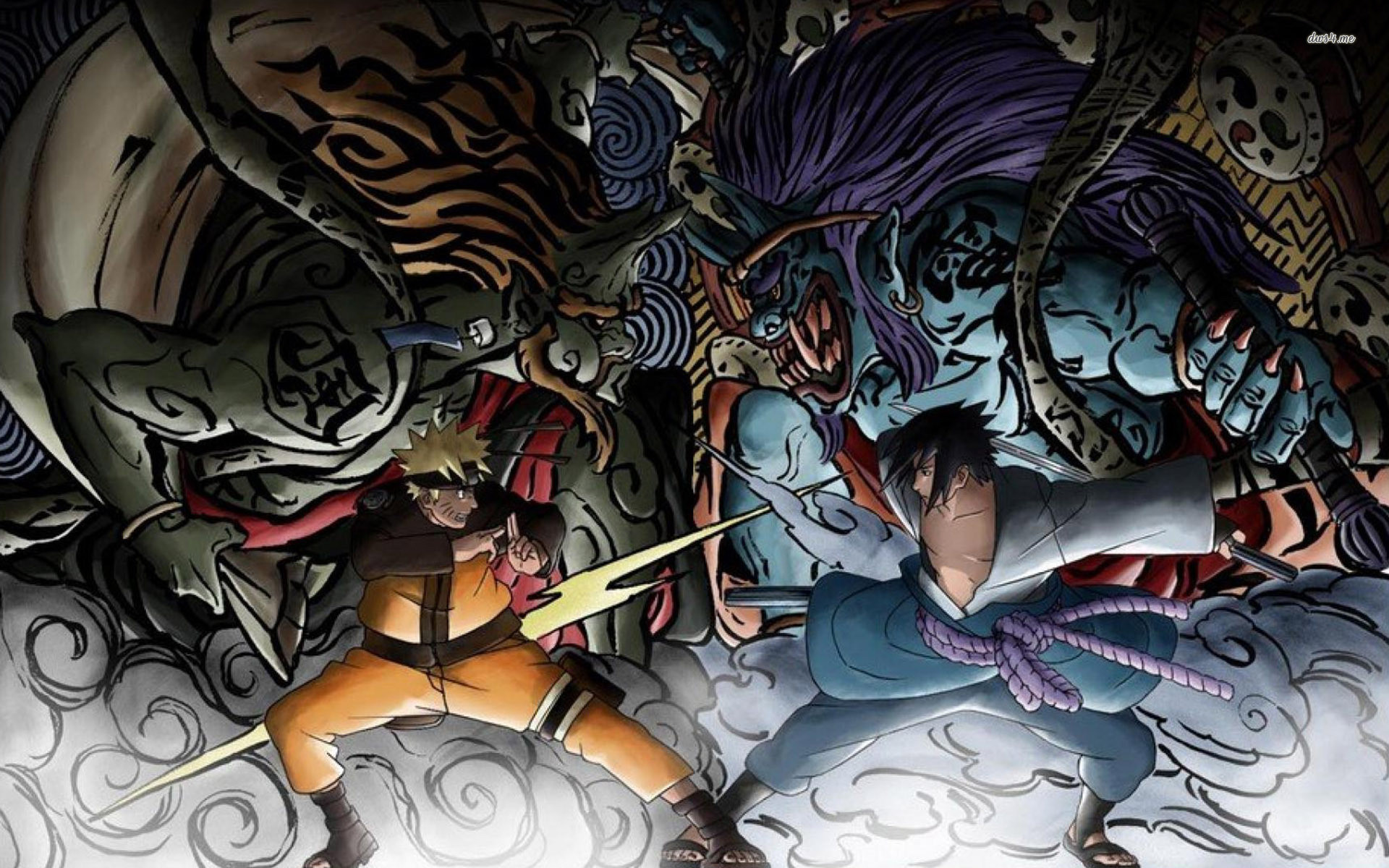 Naruto Uzumaki and Sasuke Uchiha in dynamic battle poses, with Kurama and Susanoo looming behind them, against a backdrop of swirling clouds and traditional Japanese patterns