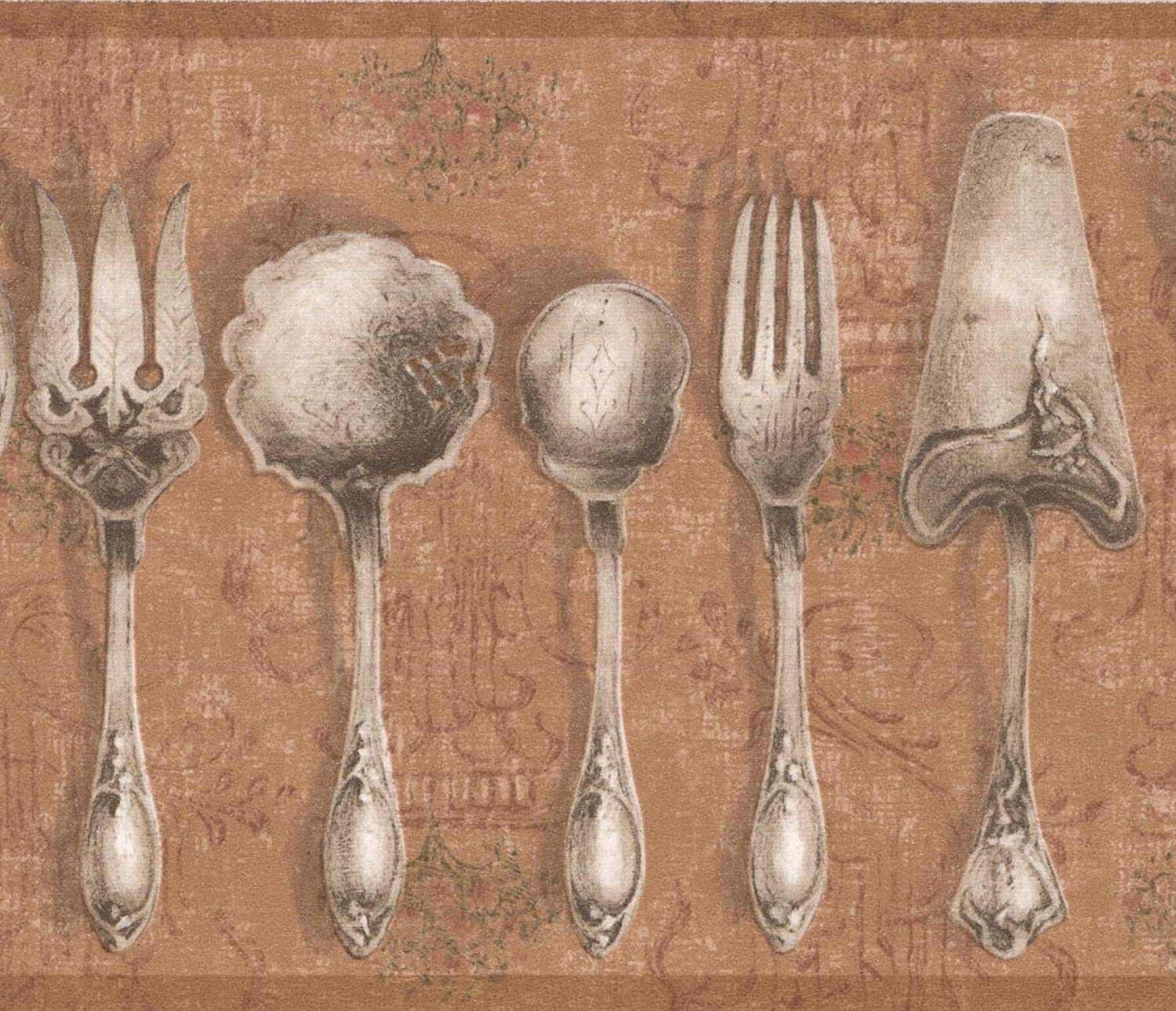 Kitchen Vintage Tableware Silver Spoons Forks Brown Wallpaper