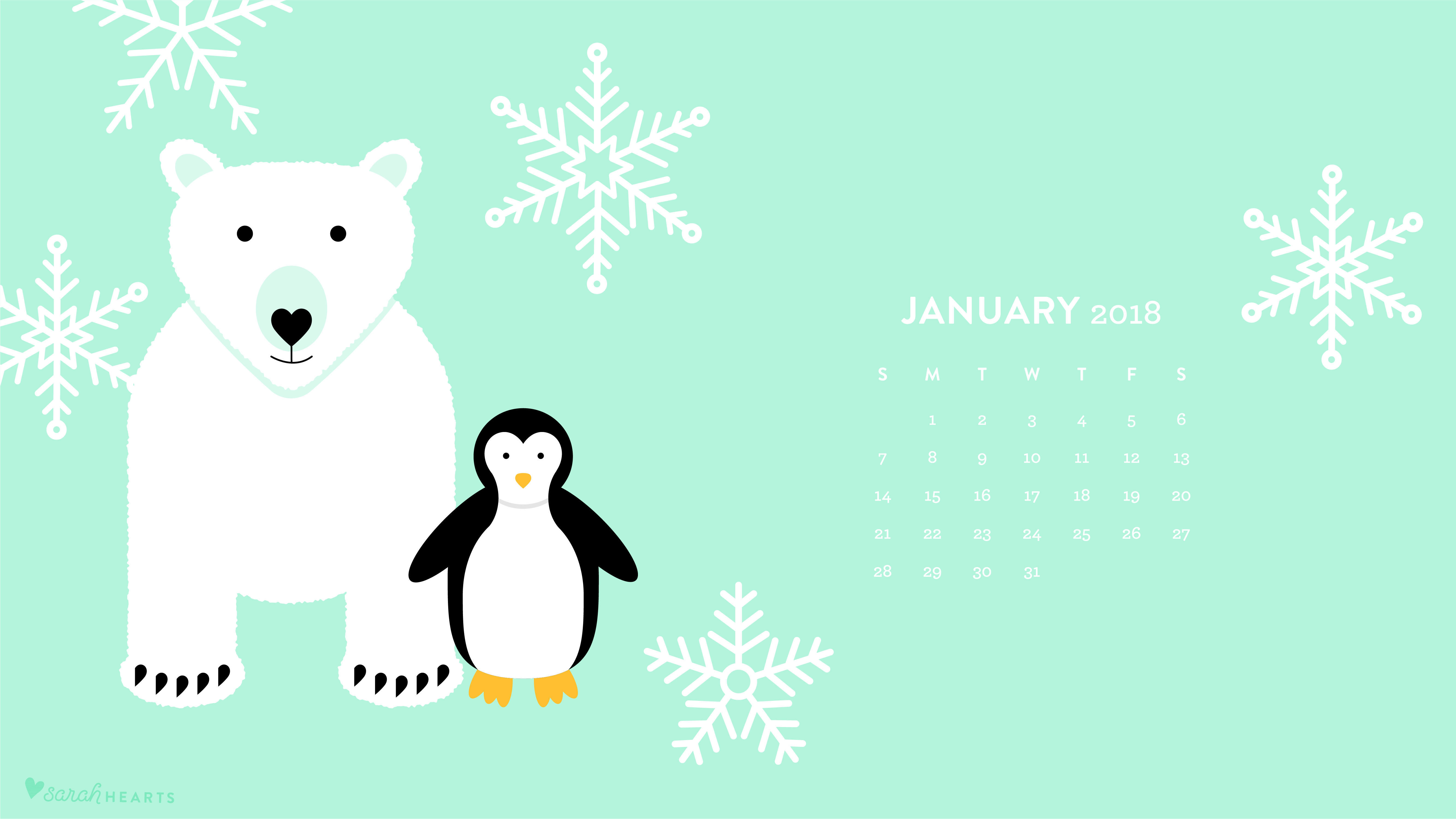 Polar Bear and Penguin January 2018 Calendar Wallpaper   Sarah Hearts
