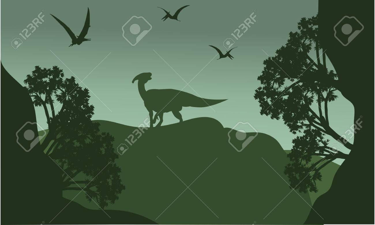 Silhouatte Of Parasaurolophus And Pterodactyl With Green