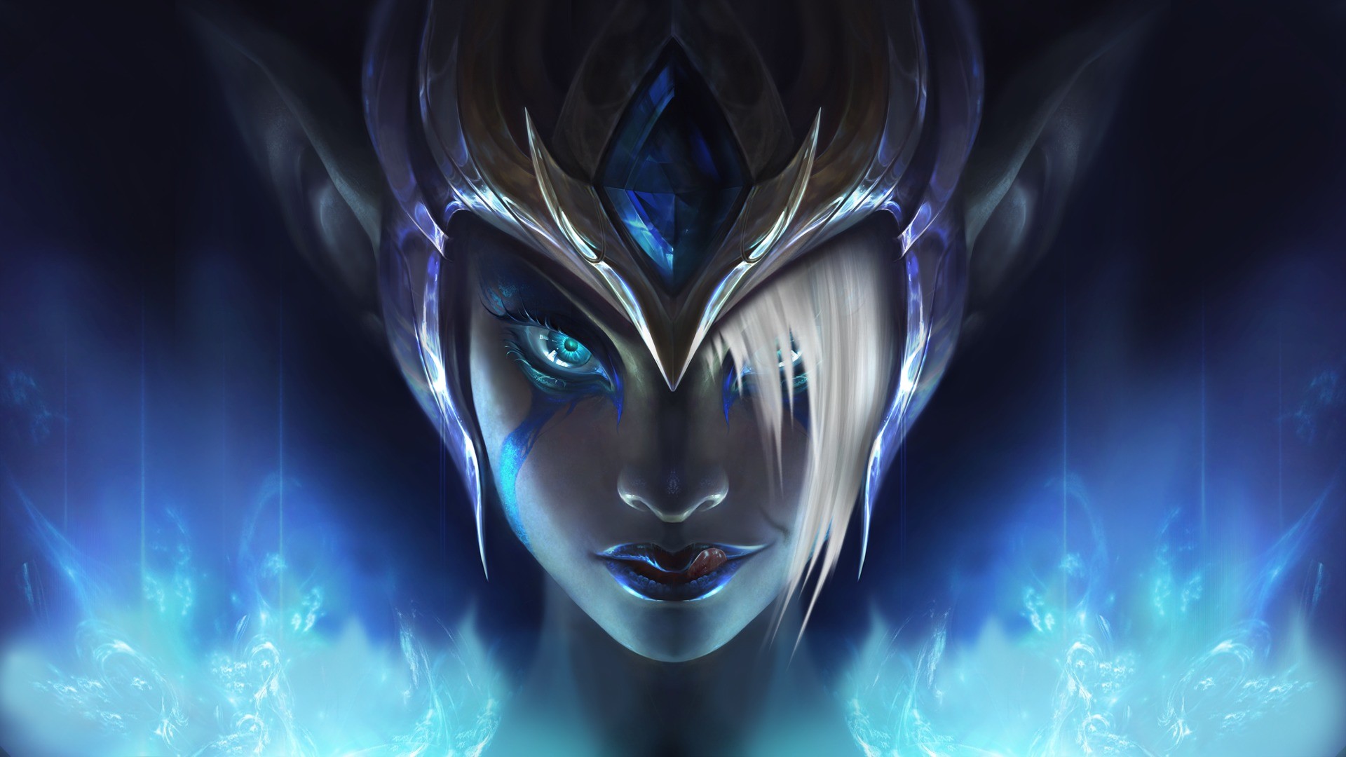 Close-up of Ashe, the Frost Archer, from League of Legends, with piercing blue eyes and icy crown, against a backdrop of glowing blue energy