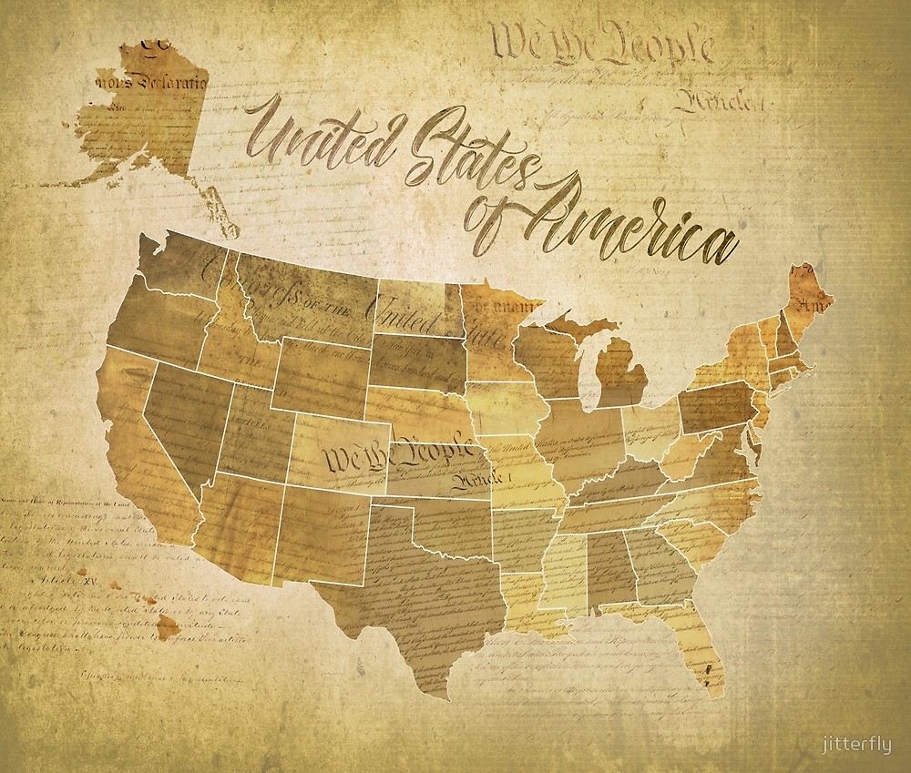 Vintage United States Of America Usa Map With Constitution Bill