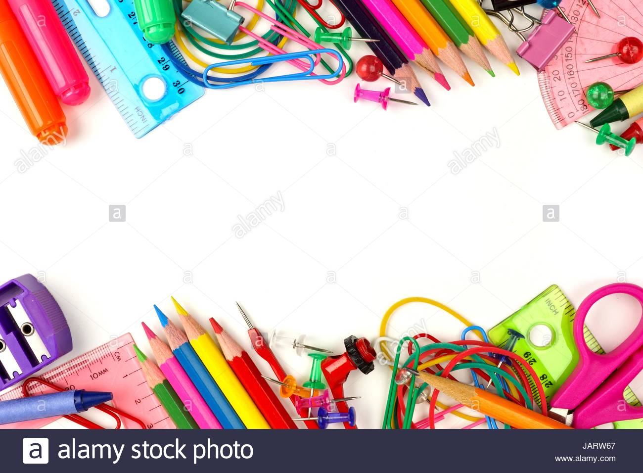 Double Border Of Colorful School Supplies On A White Background
