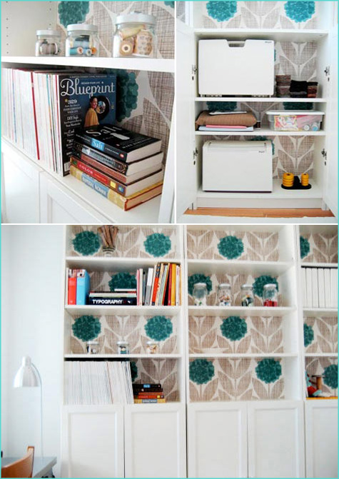 These White Bookshelves With Orla Kiley Wallpaper From Design Sponge