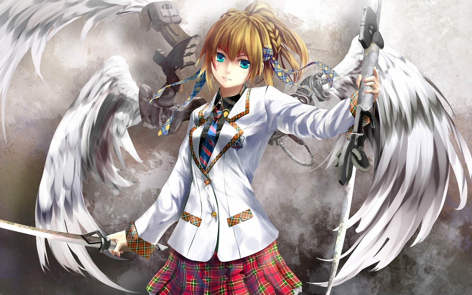 Angels Wings Blonde Hair Sword School Uniform Weapon Female Girl