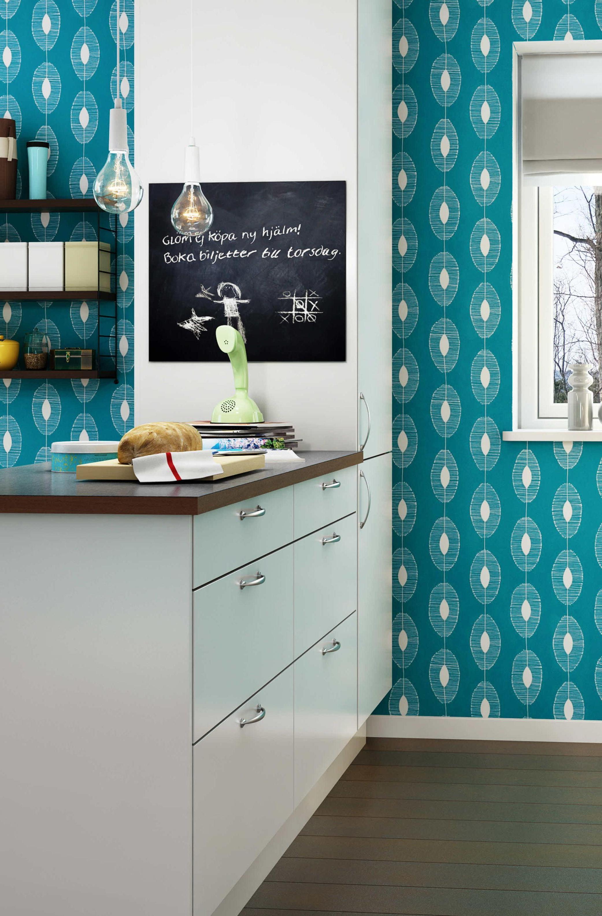 Kitchen Blue Wallpaper With High Gloss Islands White