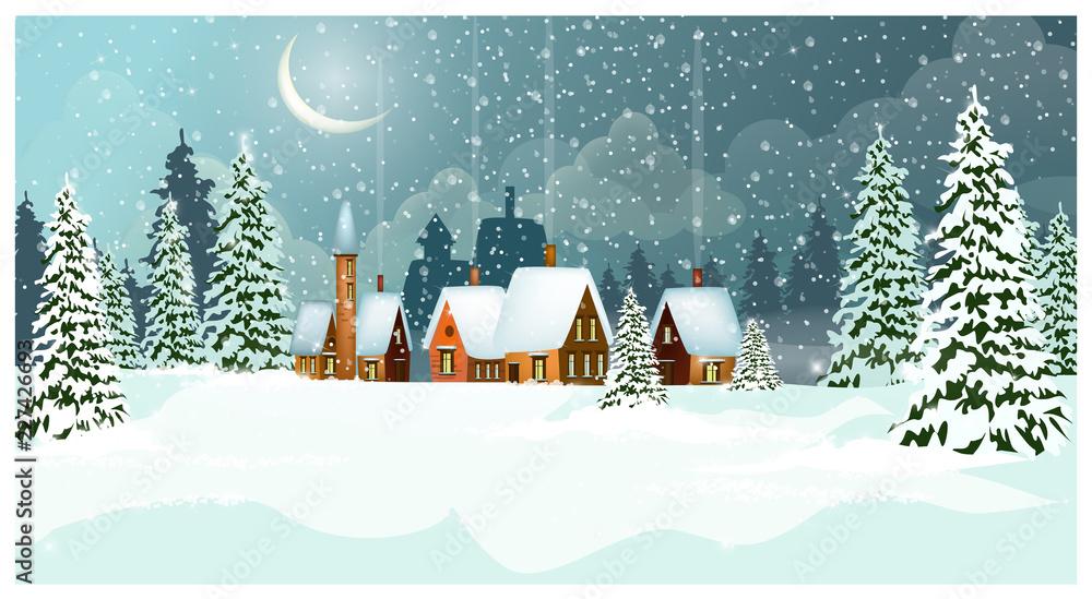 Snowy Winter Landscape With Cottages And Fir Trees Vector