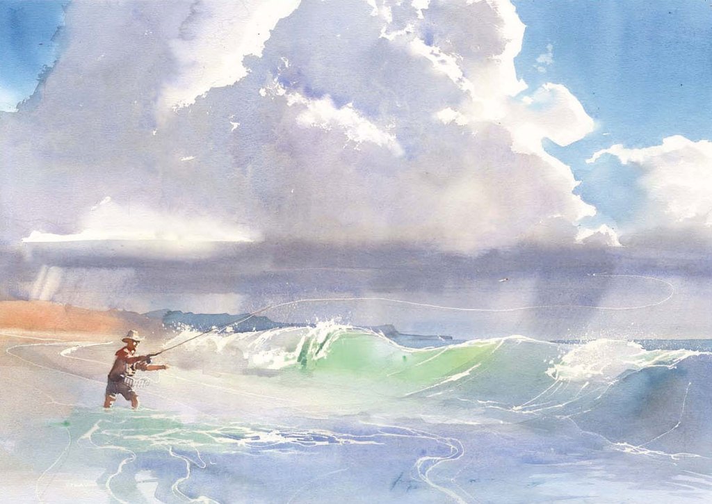 Home Artwork Fly Fishing In The Surf Paul Andrew Watercolor