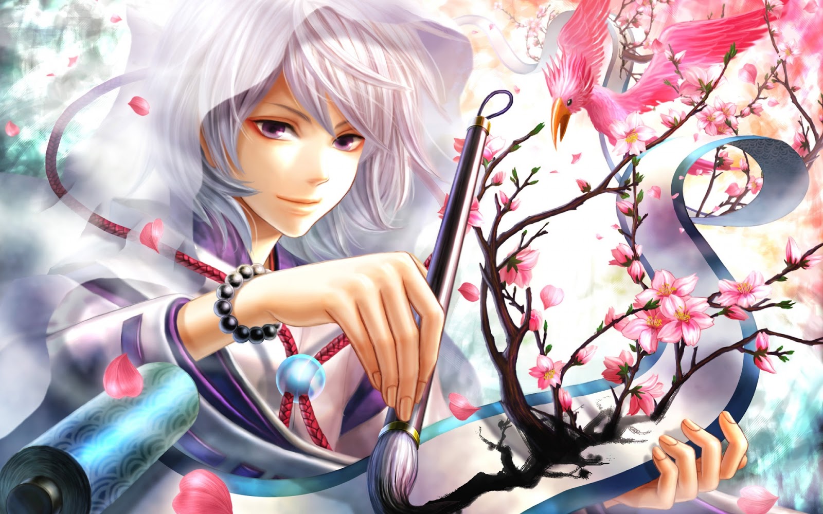 Cute Guy Artist Painting Flowers White Hair Anime HD Wallpaper Desktop
