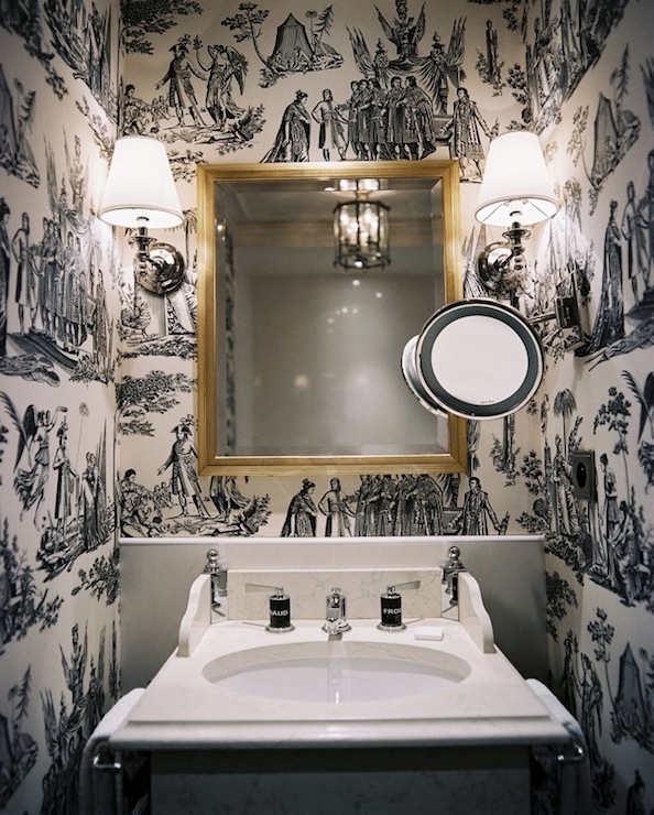 And White Toile Wallpaper Transitional Bathroom Lonny Magazine