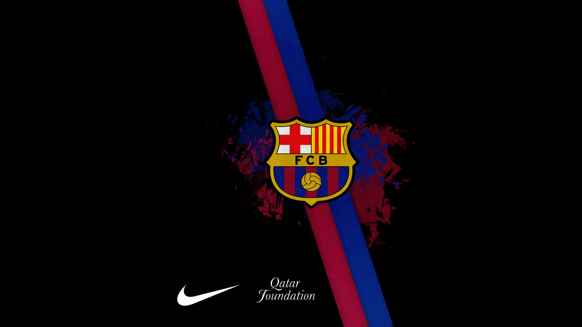 A striking 4K wallpaper featuring the FC Barcelona crest on a dynamic maroon and blue background, accented with artistic splashes and the Nike swoosh