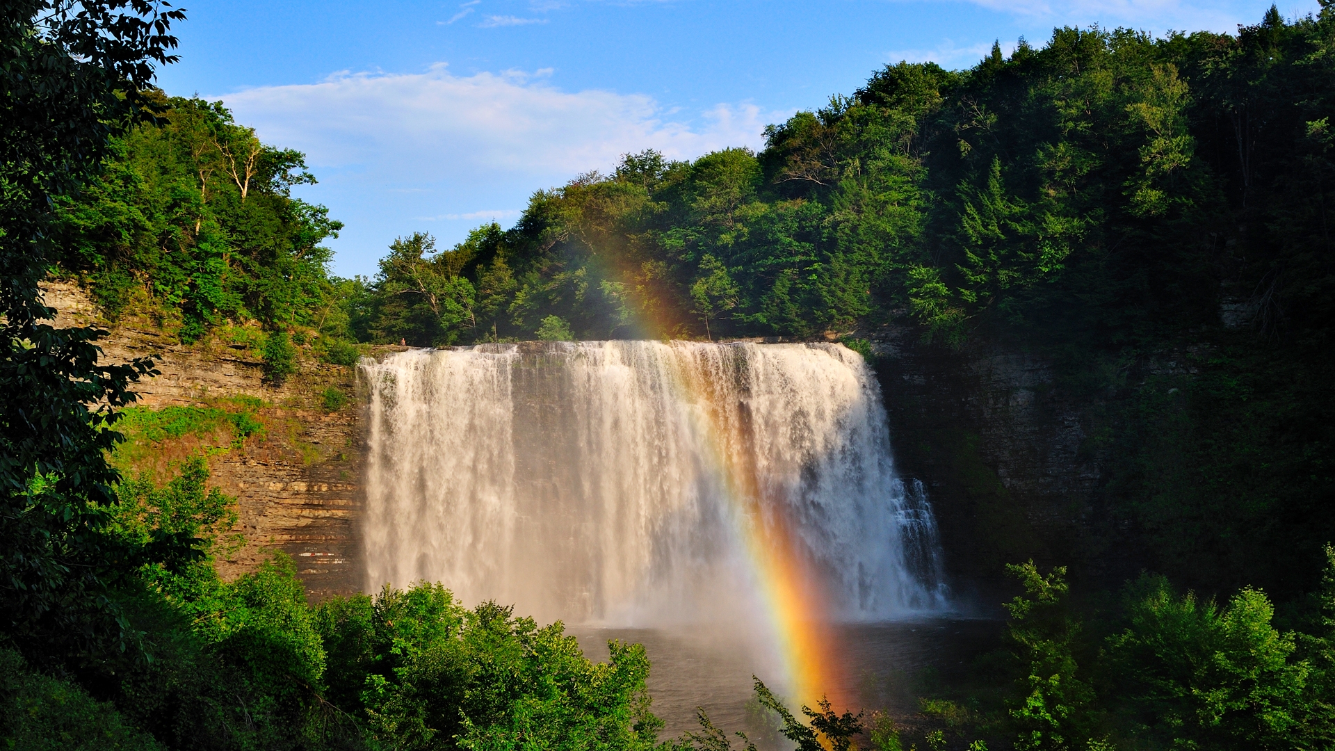 Wallpaper Waterfall Rainbow Trees Full HD 1080p