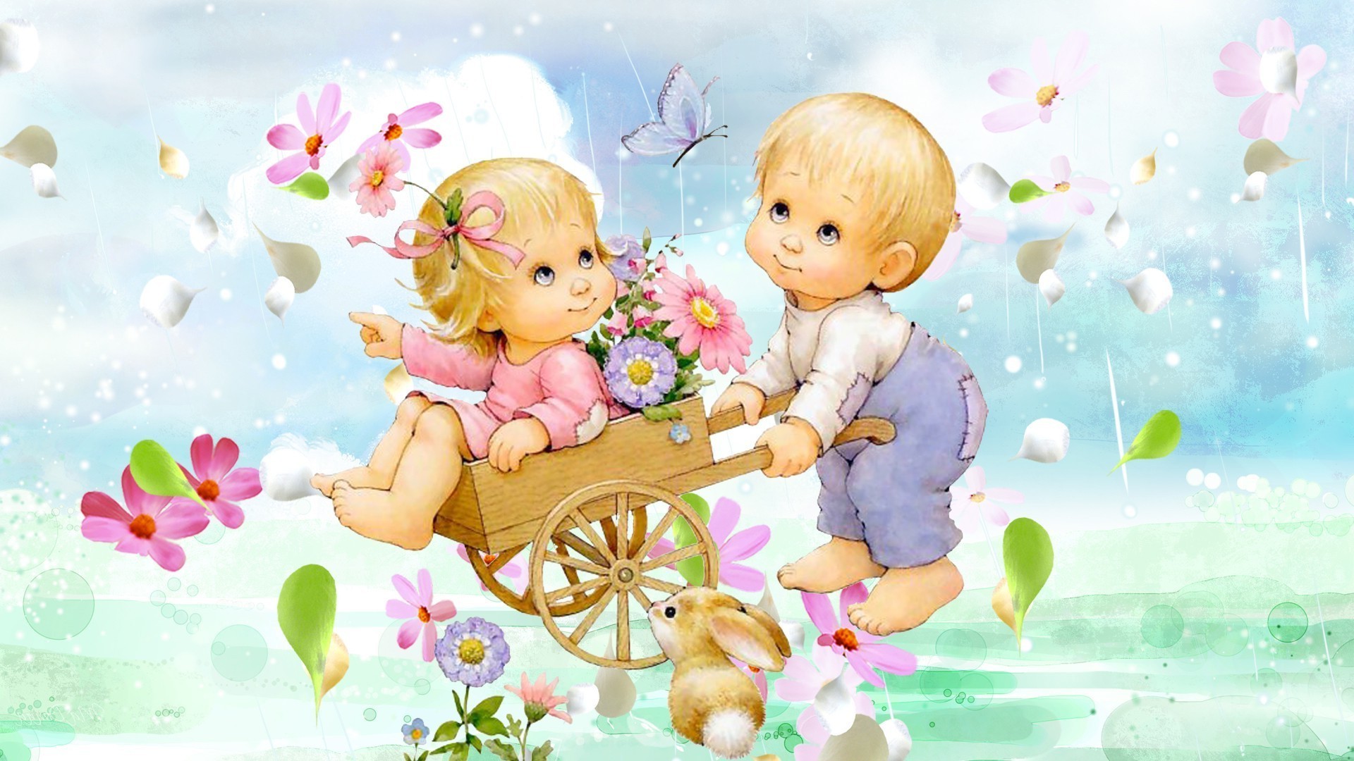 Cute cartoon children enjoying a sunny day in a flower garden
