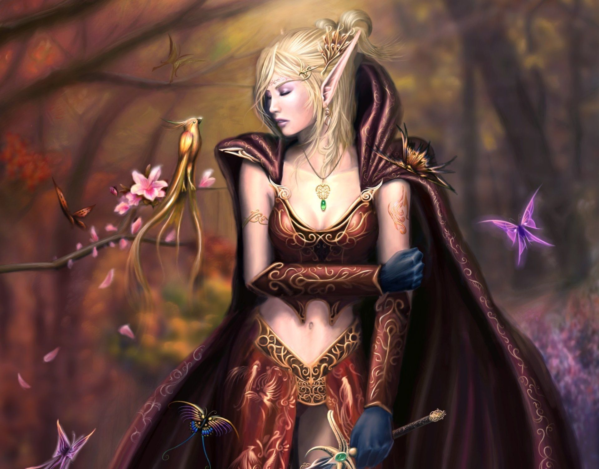Fantasy Elf Blonde Pointed Ears Forest Butterfly Tree Wallpaper