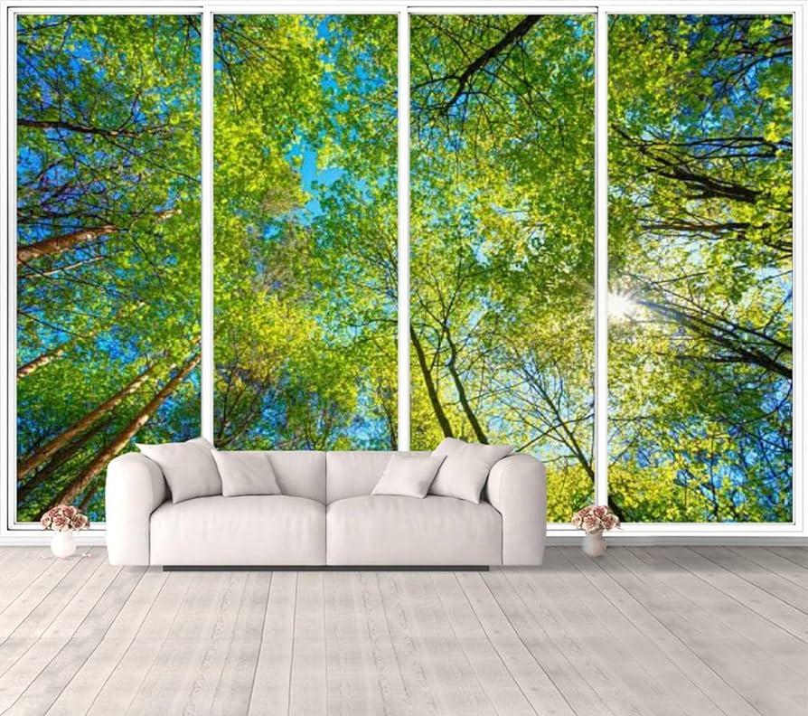 Amazoncom 3D Fake Window Wallpaper Sunny Canopy Tall Trees