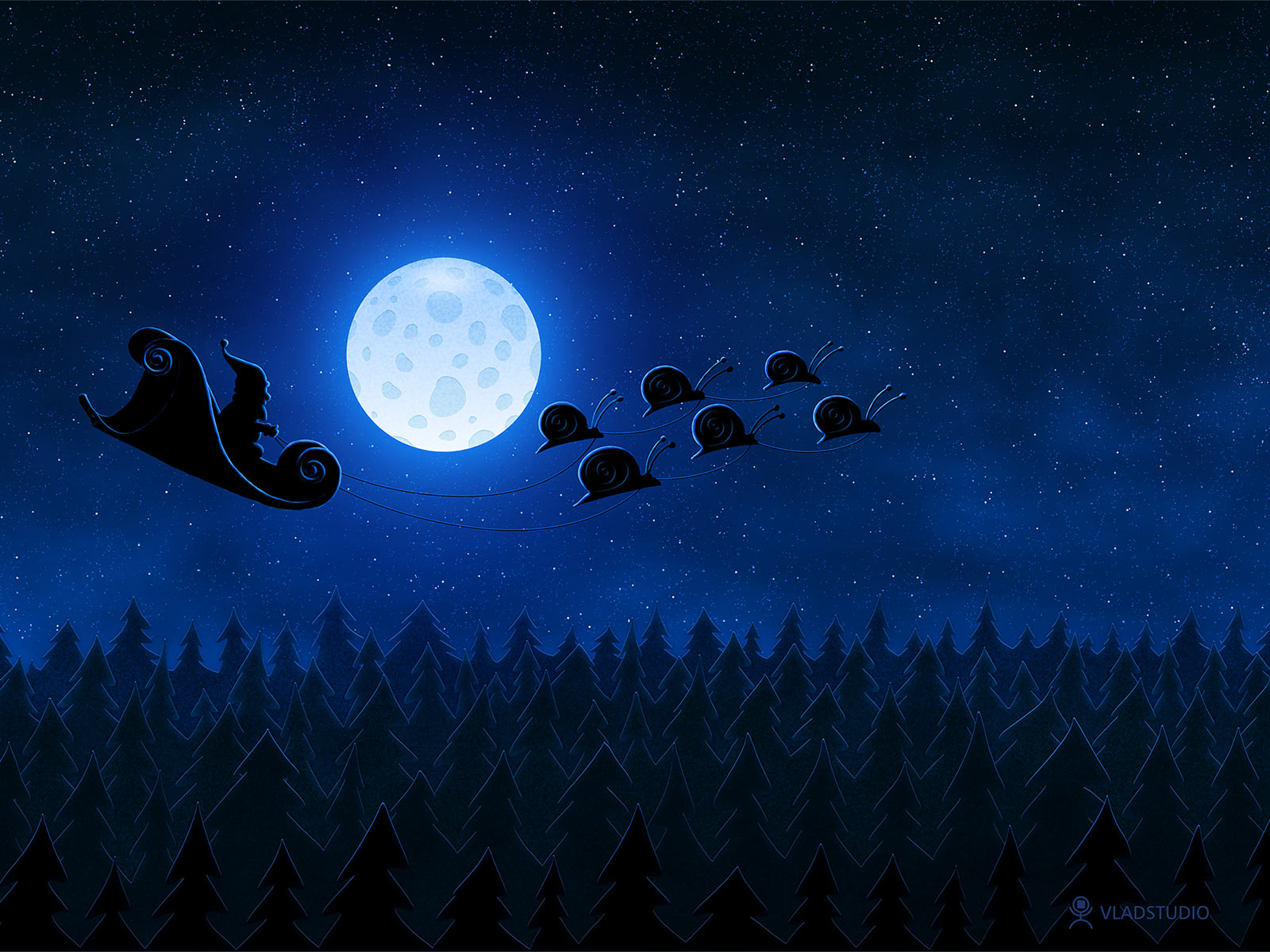 Whimsical illustration of Santa Claus flying a snail-drawn sleigh across a moonlit night sky above a dark forest, creating a unique Christmas scene