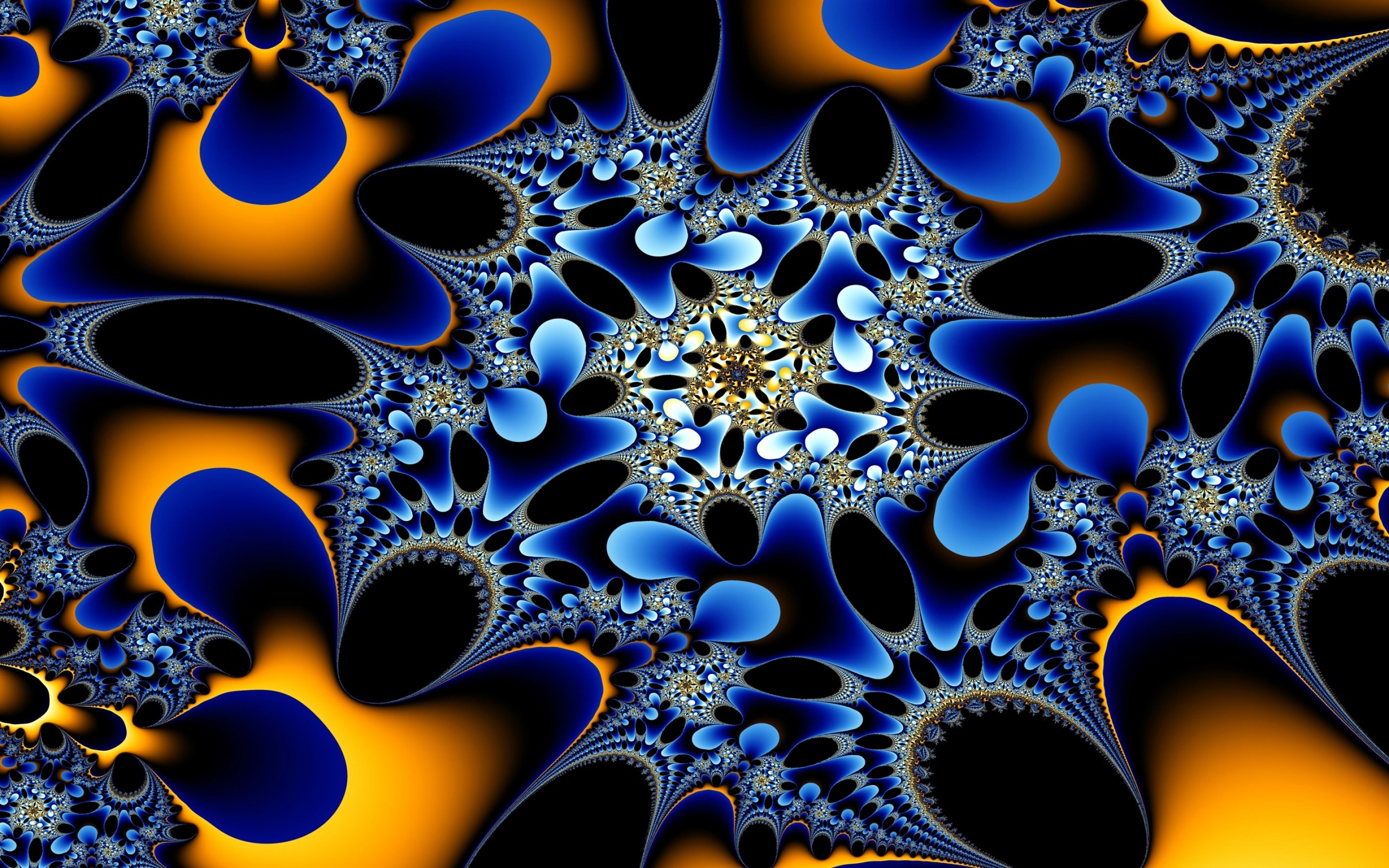 A mesmerizing fractal art piece with swirling blue and gold patterns, creating an abstract and vibrant visual experience