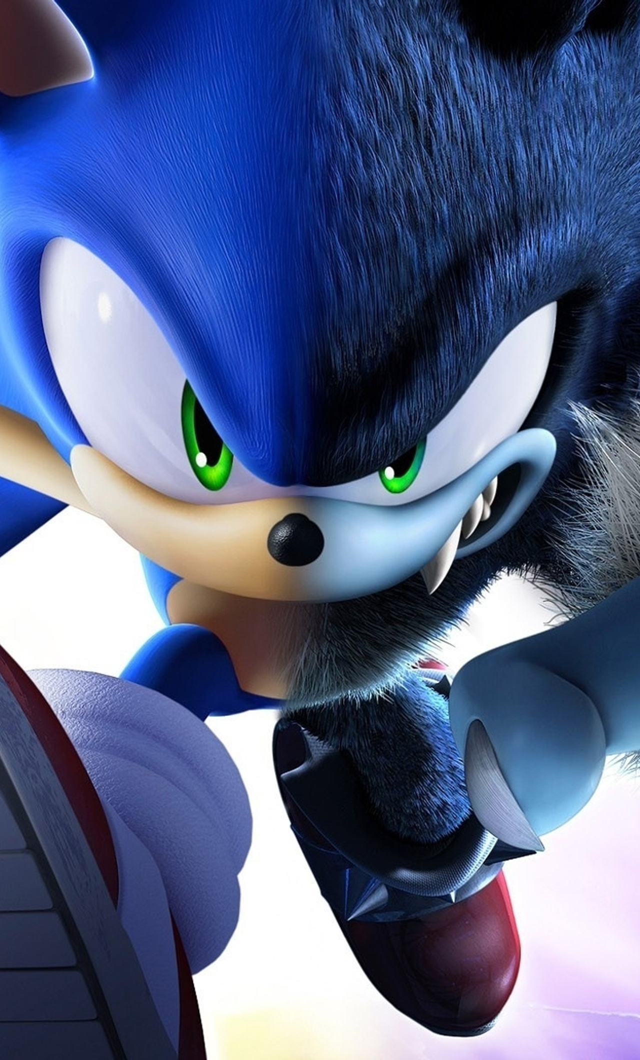Close-up of Sonic the Hedgehog transforming into his dark form, Werehog. Half his face is his normal blue, with the other half a dark, furry blue. His eyes are glowing green