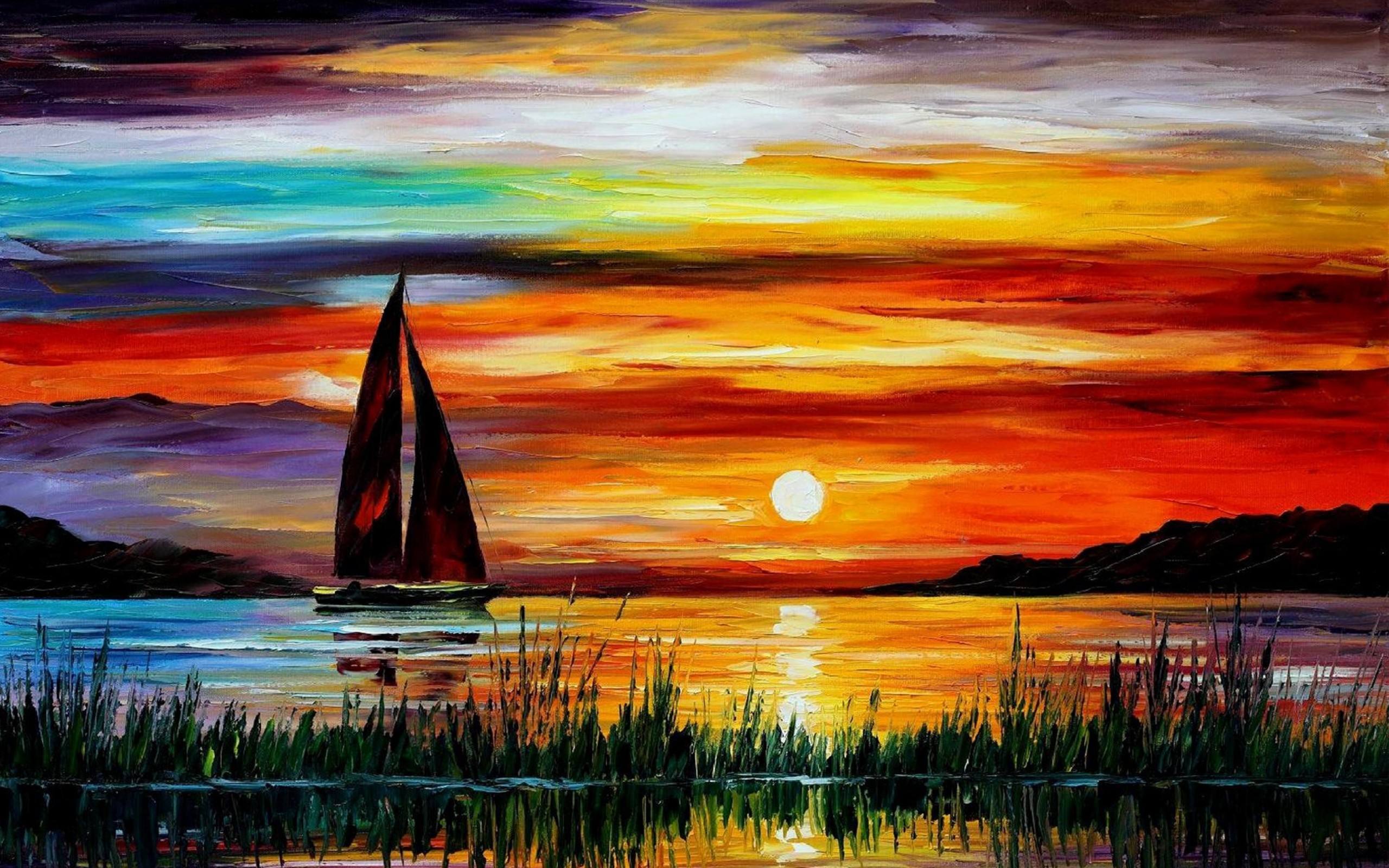 Awesome Sunset Boat Sea Paintings New HD Wallpaper