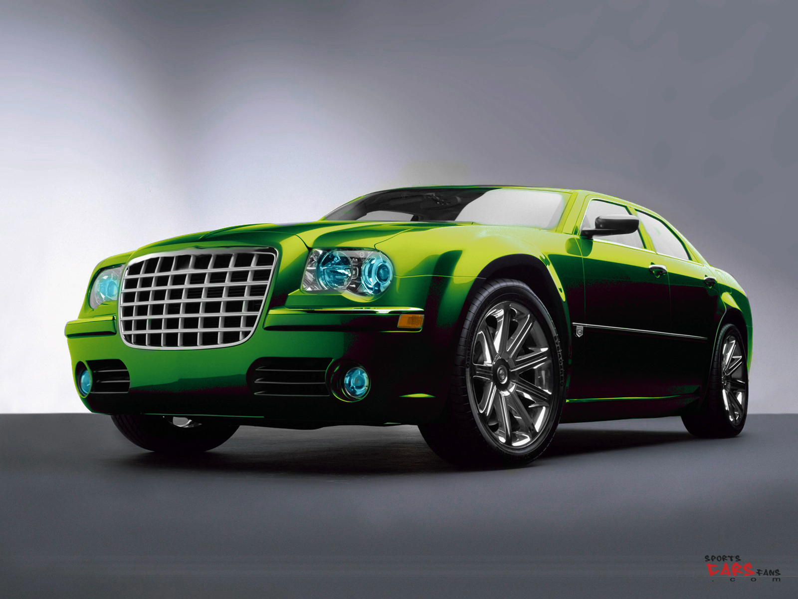 A vibrant green Chrysler 300C car against a simple grey backdrop, perfect for a cool car wallpaper