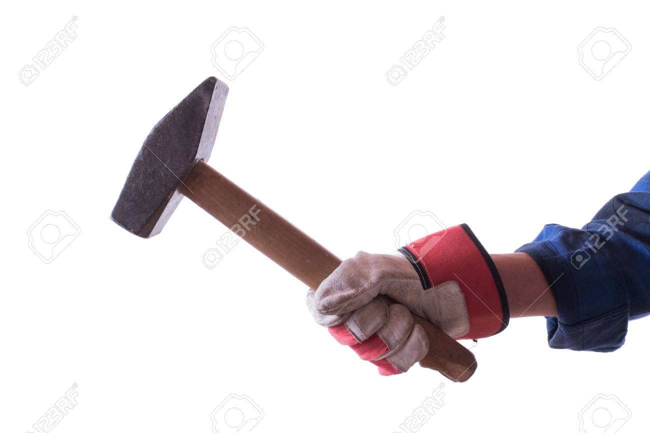 A Hammer In The Hand Of Craftsman Over White Background Stock