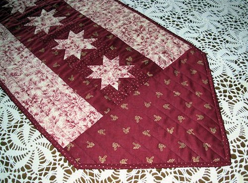 On Sale Quilted Table Runner Star Bright Dark Red And White