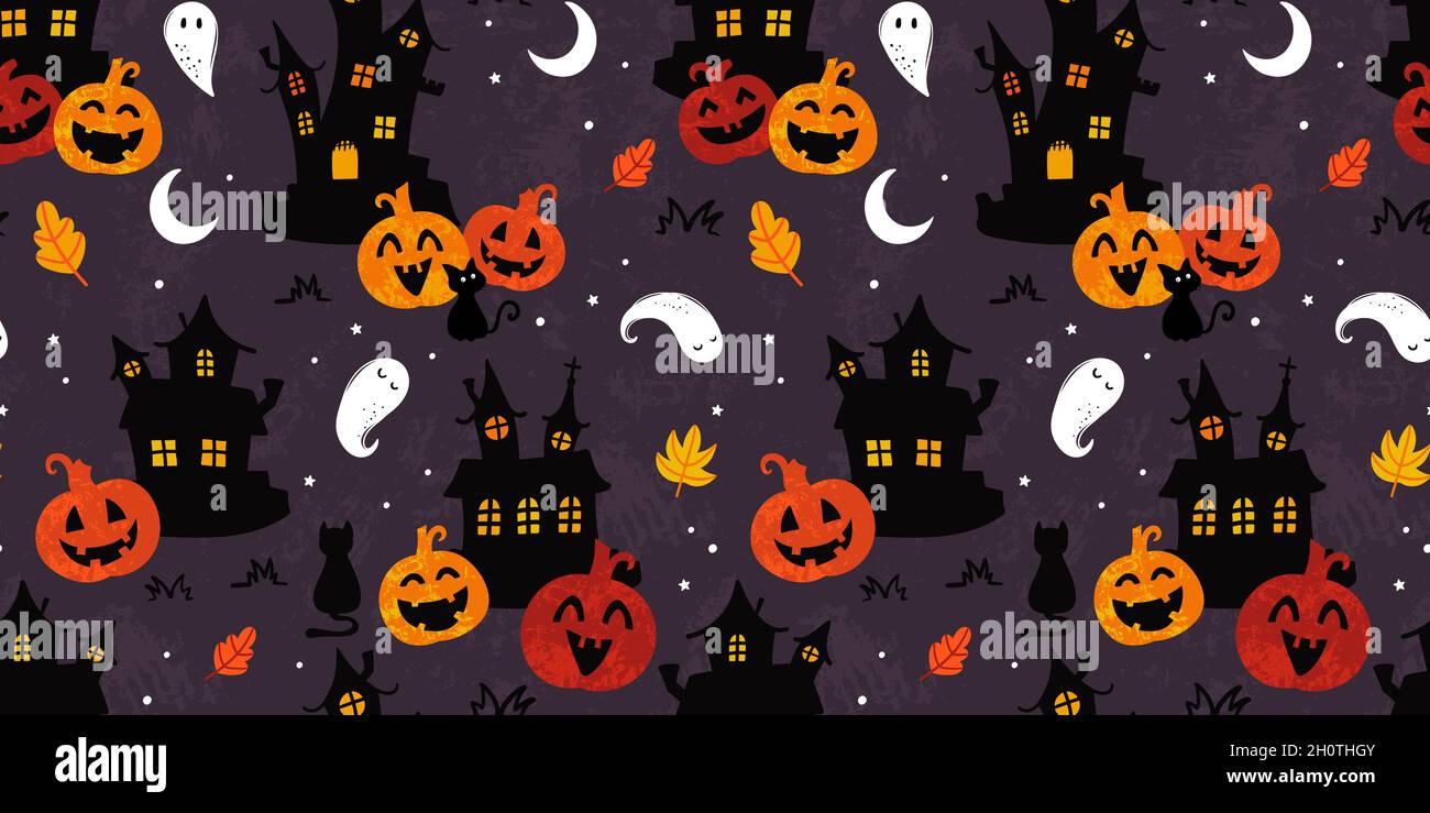 Fun halloween castles seamless pattern cute ghosts pumpkins