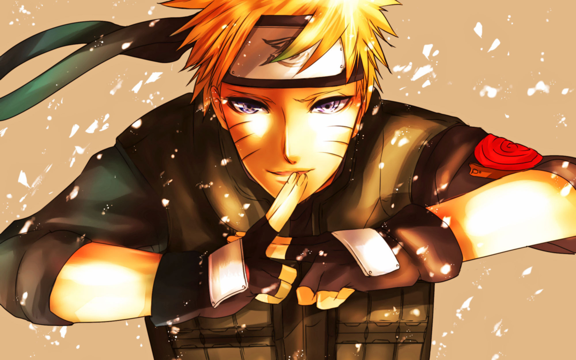 Close-up of Naruto Uzumaki in a tactical vest, with a headband and a subtle smile, against a light brown backdrop, suggesting a scene from the popular anime 'Naruto'