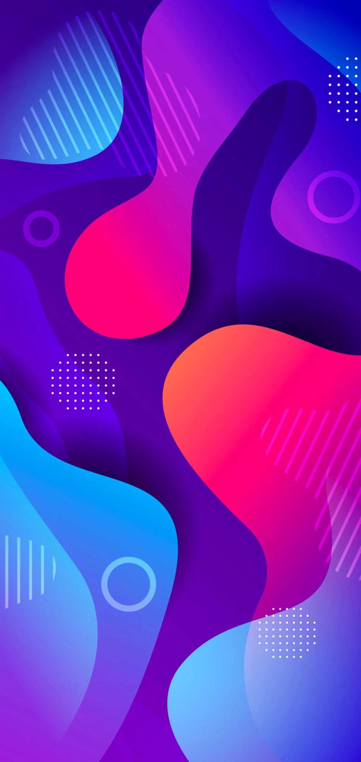A vibrant and dynamic abstract wallpaper featuring smooth, flowing shapes in a gradient blend of blue, pink, and purple hues, suitable for iPhone 14 Pro Max